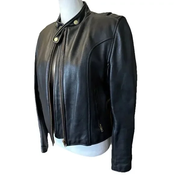 Vintage Womens Black Leather Moto Jacket Fur Lined Biker 12 Vtg Zip Liner - Picture 6 of 16